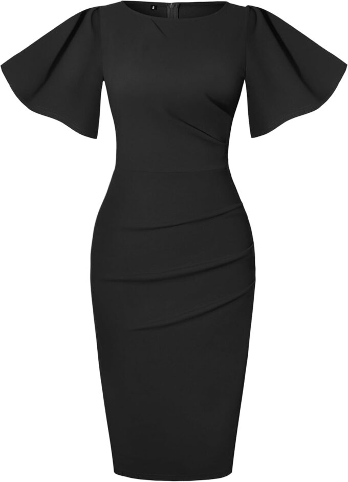 IHOT 2024 Women's Vintage Ruffle Short Sleeve Ruched Bodycon Cocktail Party Work Dress