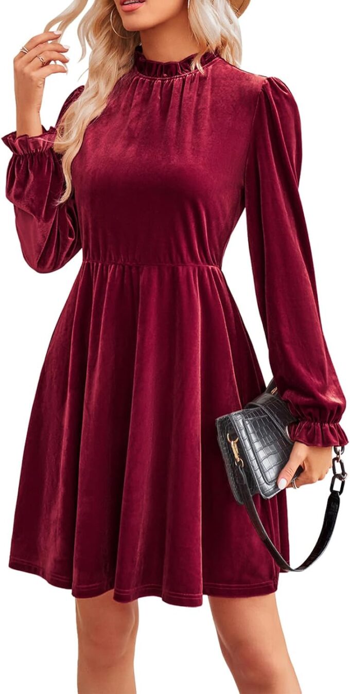 Jayscreate Women's 2023 Velvet Dress Elastic Waistline Fall Long Sleeve Wedding Guest Short Wrap Tunic Formal Dress