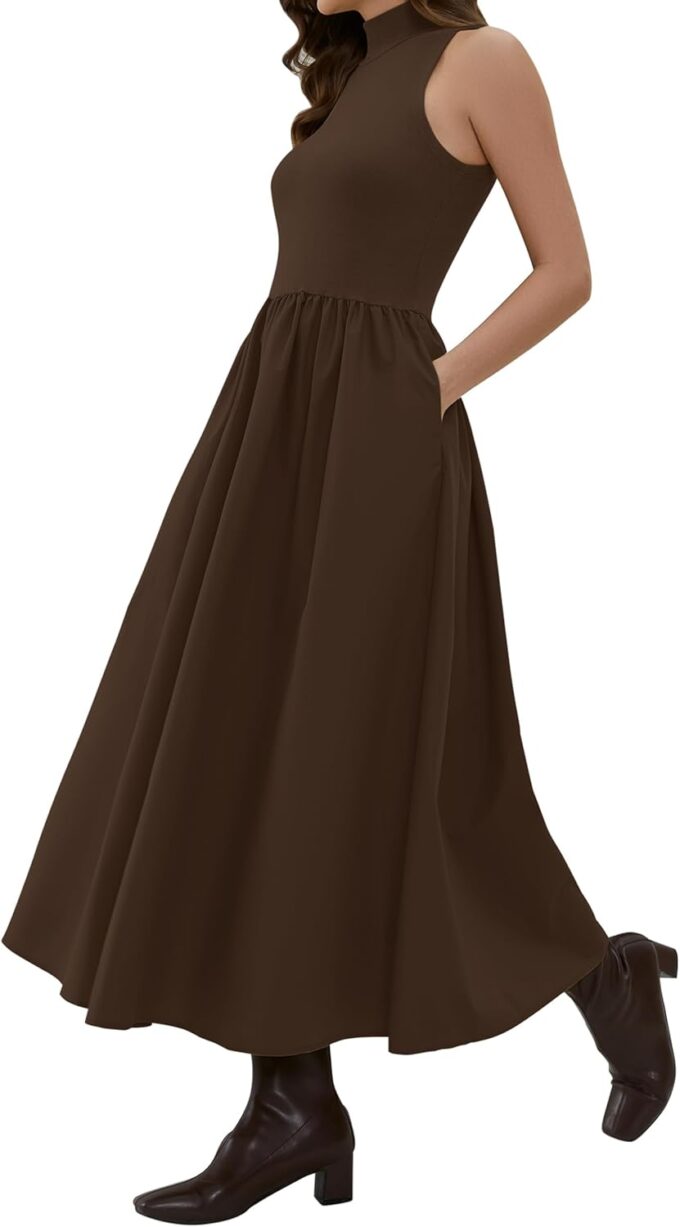 Lauweion Women's Summer Sleeveless Mock Neck Maxi Dresses Patchwork Casual Flowy Drop Waist Dress with Pockets – Bild 4
