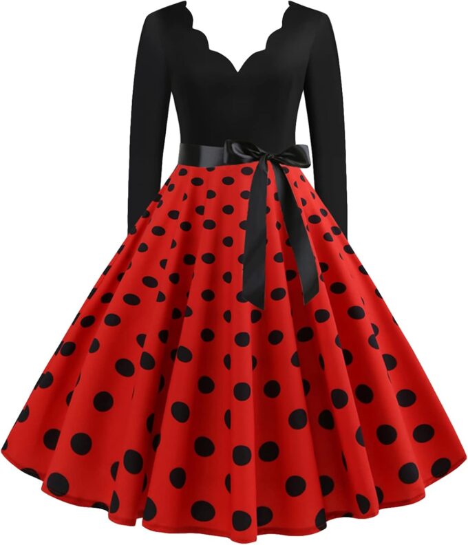 EFOFEI Women's Hepburn Polka Dots Dress Long Sleeve Knee-Length Dress Cocktail Party Evening Dress