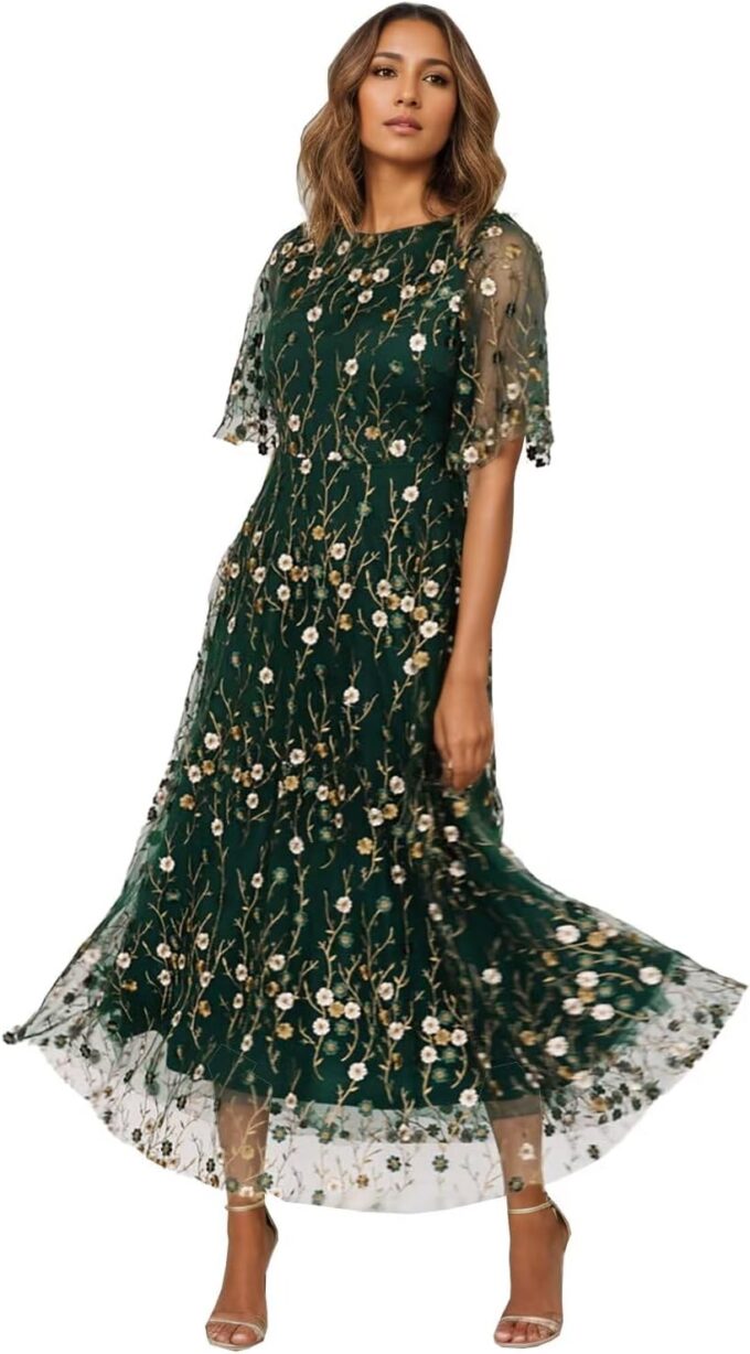 Flower Embroidery Tea Length Mother of The Bride Dresses Short Sleeves A-Line Formal Gowns for Prom Wedding Party DR0590 – Bild 2