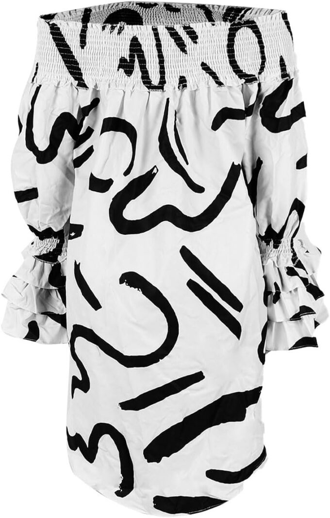 WOKANSE Women's Casual Plus Size Shirred Dresses Off Shoulder Bell Sleeves Ruffle Loose Stretchy Neck Midi Dress – Bild 5