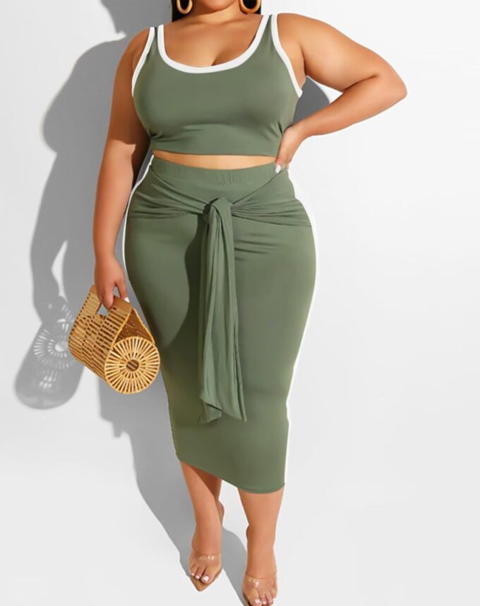 IyMoo Sexy Plus Size Dress 2 Piece Outfits Sexy Contrast Sleeveless Tank Crop Tops Bodycon Skirts Sets – Bild 2