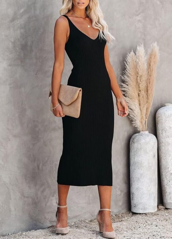 Lacozy Women's 2025 Summer Bodycon Midi Dress Sexy V-Neck Sleeveless Sweater Dress Casual Tank Top Dresses – Bild 2
