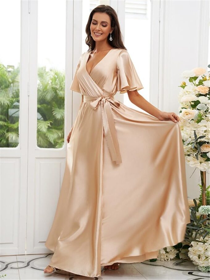 YMSHA Pleated V Neck Satin Bridesmaid Dresses with Sleeves Side Slit Formal Party Dress YMS170 – Bild 3