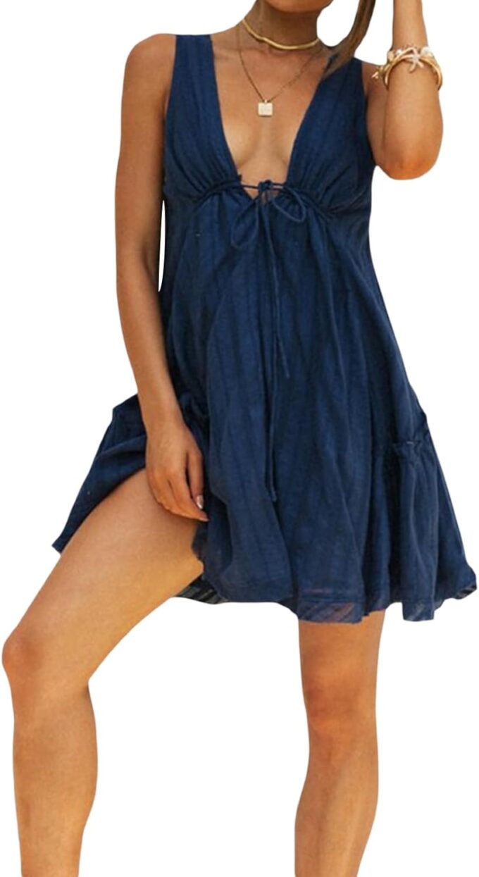Women's Summer Mini Dresses Sleeveless Deep V Neck Tiered Swing Dress Backless Going Out Vacation Boho Sundress – Bild 2