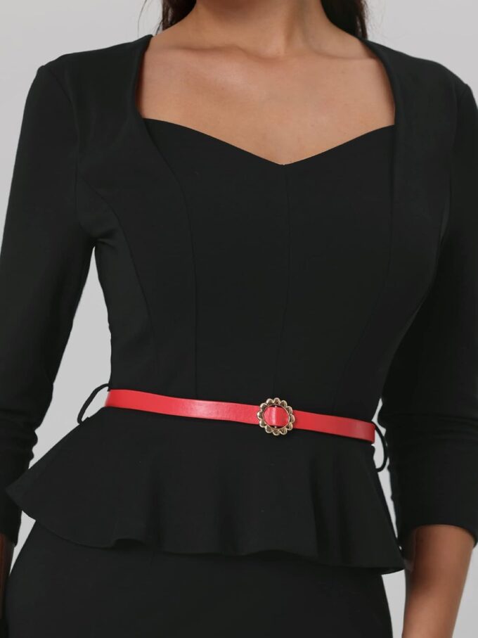 Hobemty Damen Schößchen Bleistift Kleid Sweetheart Neck Gürtel 3/4 Ärmel Etuikleider – Bild 4