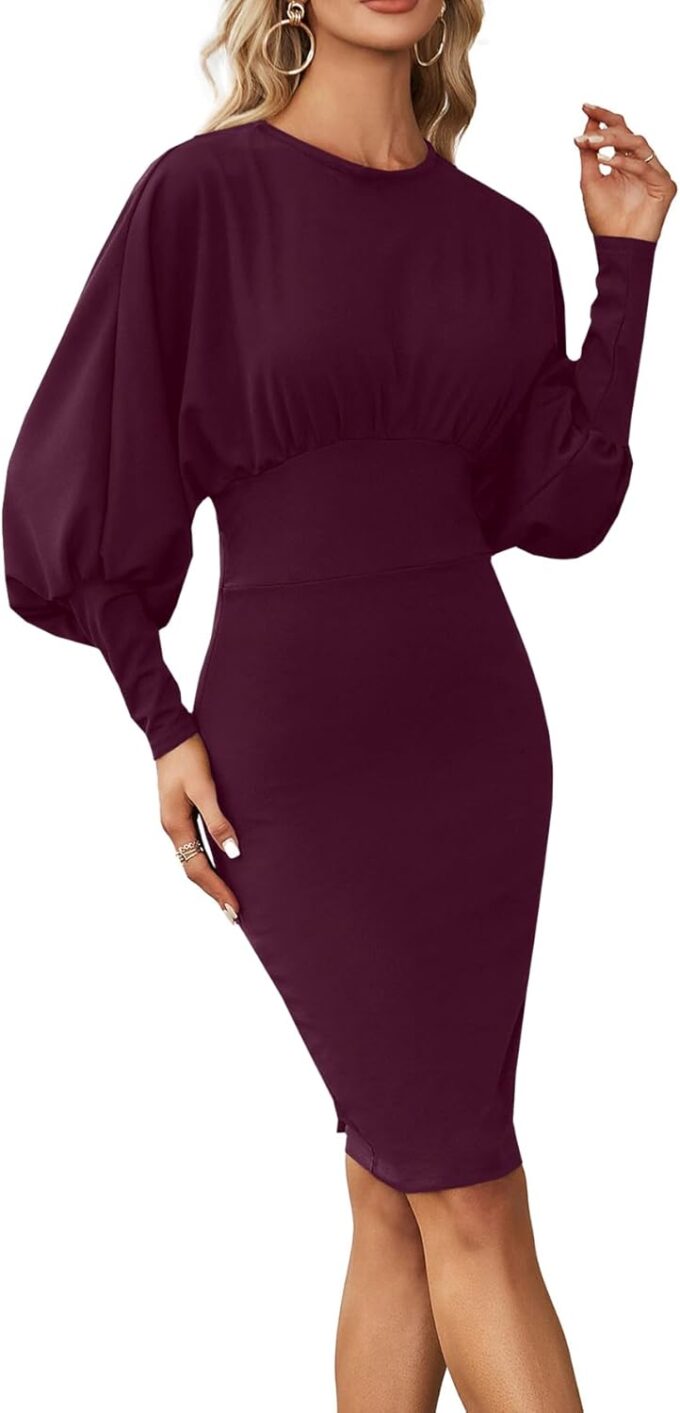 OPOIPIN Damen-Midikleid mit langen Ärmeln, elastisch, hohe Taille, formell, figurbetont, Bleistiftkleid – Bild 4