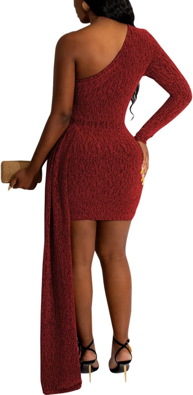 ZonJie Women Casual Solid Dress Sexy Off Shoulder Long Sleeve Elegant Bodycon Long Formal Sparkle Glitter Party Club Dress – Bild 3