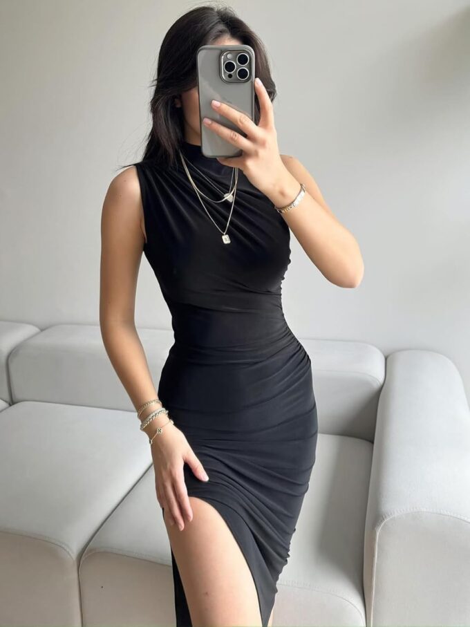 Women's Ruched Bodycon Dress Summer Elegant Sleeveless Side Slit Cocktail Party Maxi Dresses – Bild 2