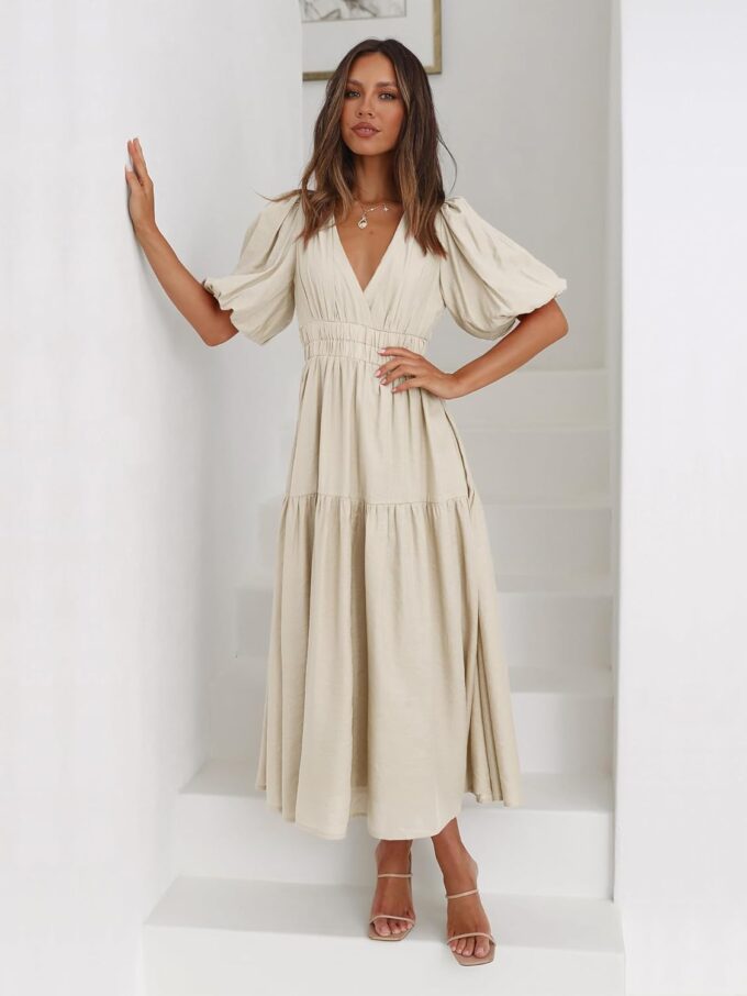 Womens Deep V Neck Puff Short Sleeve Tired Maxi Dress Flowy Swing Long Summer Dresses – Bild 4