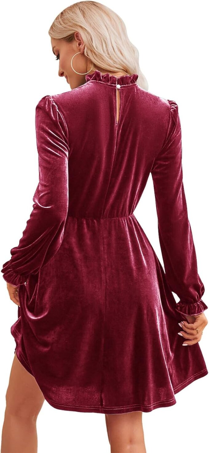 Jayscreate Women's 2023 Velvet Dress Elastic Waistline Fall Long Sleeve Wedding Guest Short Wrap Tunic Formal Dress – Bild 2