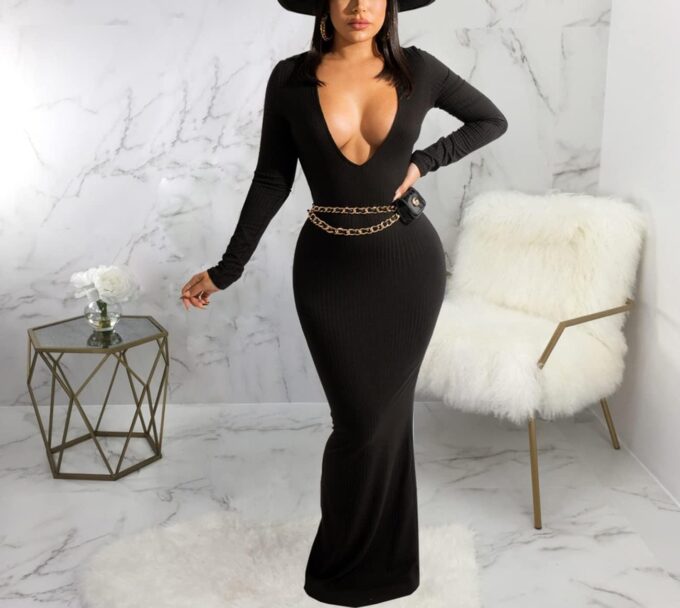 Women's Casual Long Sleeves Bodycon Maxi Dress Plus Size Sexy Deep V Neck Club Night Party Sweater Ribbed Long Dresses – Bild 6