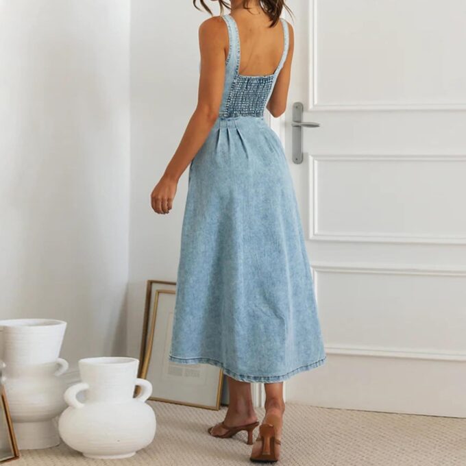 cffvdiz Women's Sexy Strap Maxi Denim Dress Summer Sleeveless Halter Bodycon Maxi Dresses – Bild 4