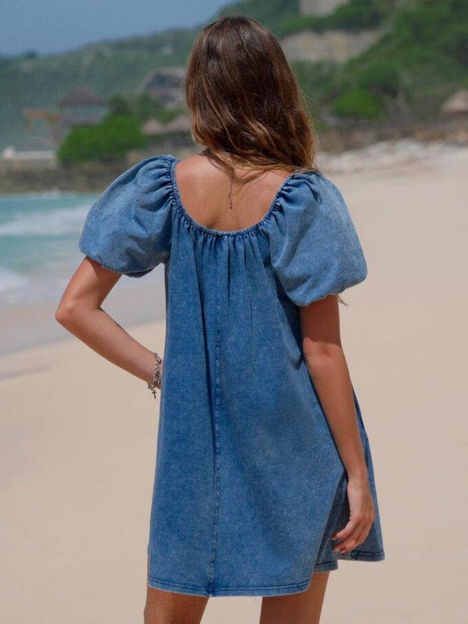 EXLURA Womens Summer Denim Short Puff Sleeve Dresses Knit Loose Plus Size Short Mini Dress 2025 Trendy Outfit – Bild 5