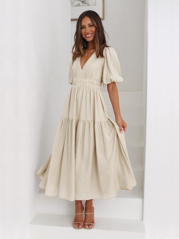 Womens Deep V Neck Puff Short Sleeve Tired Maxi Dress Flowy Swing Long Summer Dresses – Bild 2