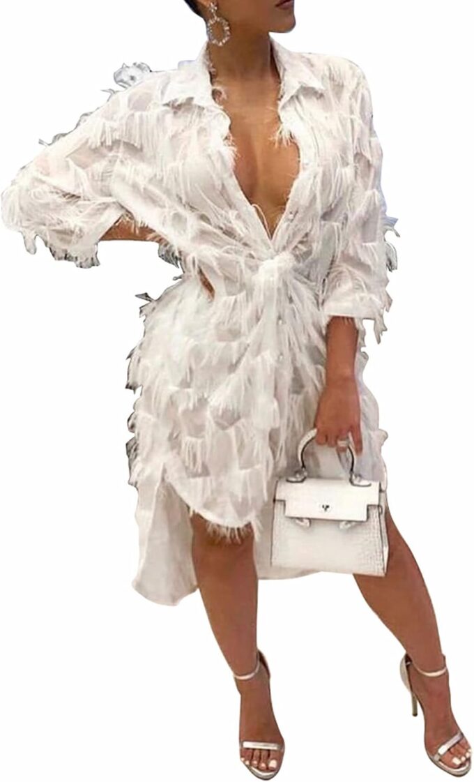 xxxiticat Women's Faux Feather Mini Dress Quarter Sleeve Deep V-Neck Low Cut Asymmetric Fringe Tassel Shirt Blouse Dress