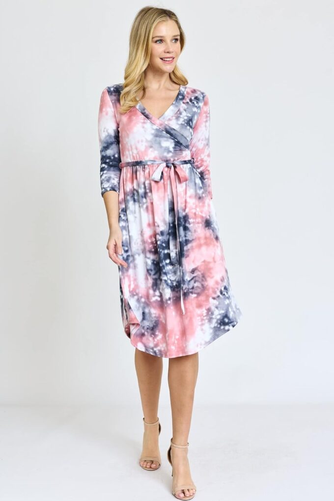 Eloges Damen-Midikleid mit 3/4-Ärmeln, Kontrastband/Schärpe, Blumenmuster/Streifen, gebogener Saum, mit Taschen, Eier – Bild 4