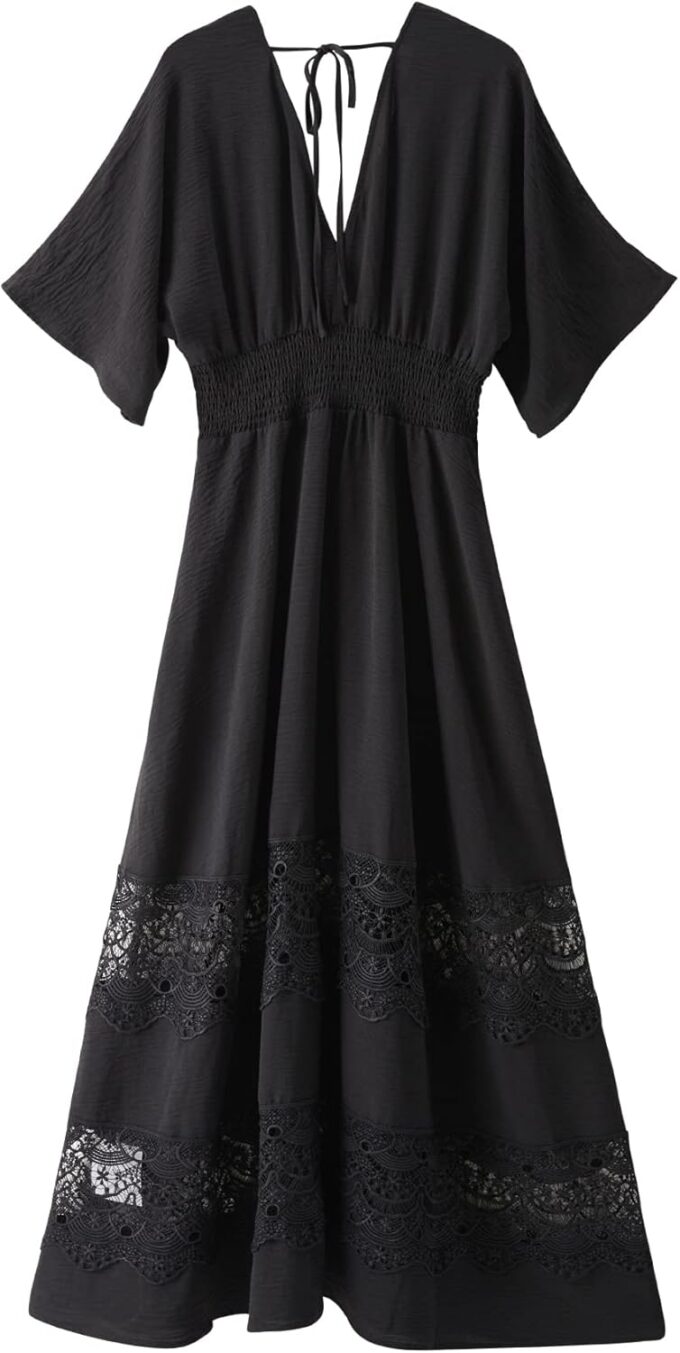 Women's Lace Maxi Dress Short Sleeve V Neck Party Dress Smocked Waist Boho Maxi Dress Bohemian Dress for Women – Bild 2