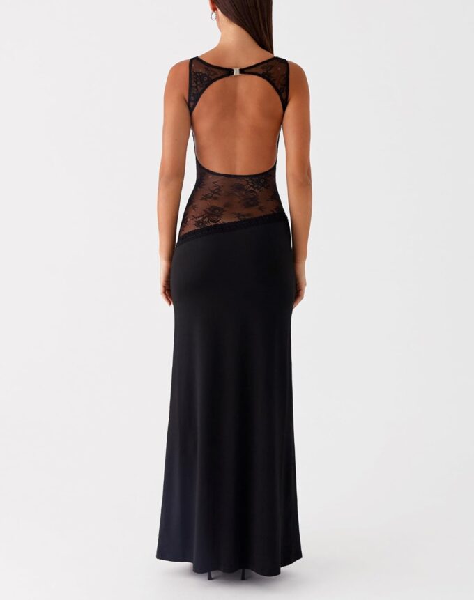 Women's Lace Patchwork Maxi Dress Sleeveless Backless Cut Out Bodycon Long Dresses Sexy Mesh Cocktail Dress – Bild 2