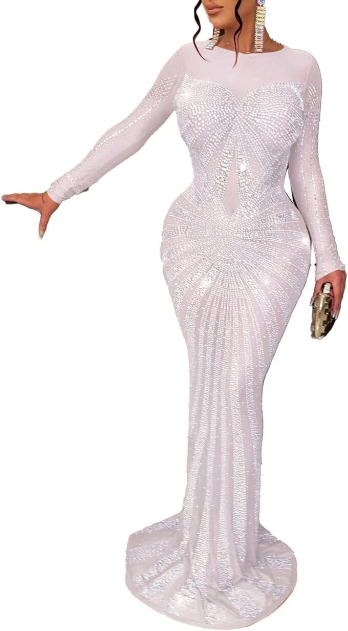 PORRCEY Women's Sexy Hot Drilling Craft Rhinestone Dress Bodycon Party Club Night Out Dresses Clubwear