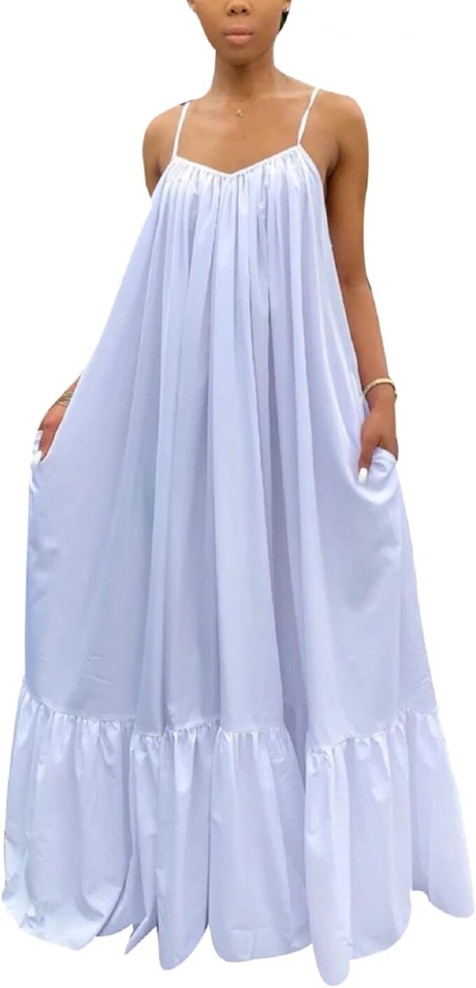 Adogirl Women's Sexy Spaghetti Strap Sleeveless Ruched Ruffle Hem Bandage Oversized Beach Loose Long Maxi Swing Dress