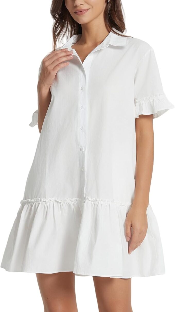 Women's Cotton Linen Ruffle Mini Dress Short Sleeve Button Down Drop Waist Tunic Shirt Dress