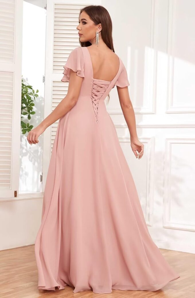 Tea Length Mother of The Bride Dresses Chiffon Lace Appliques V Neck Formal Dresses with Sleeves – Bild 2