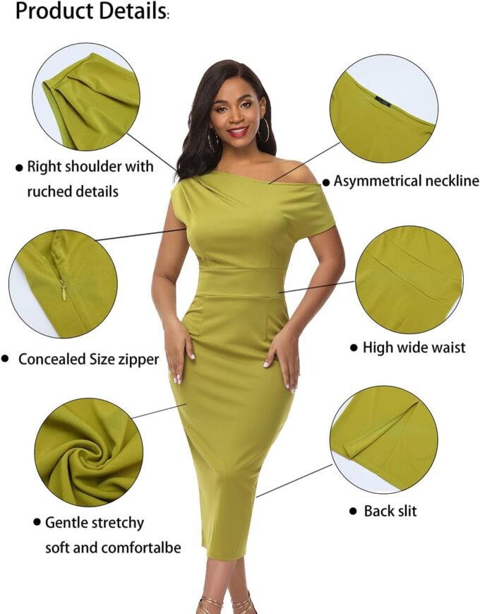 LILYIN Schulterfreies Damen-Bleistiftkleid mit gebänderter Taille, gerüscht, für Hochzeit, Gast, Cocktail, Party, figurbetont – Bild 3