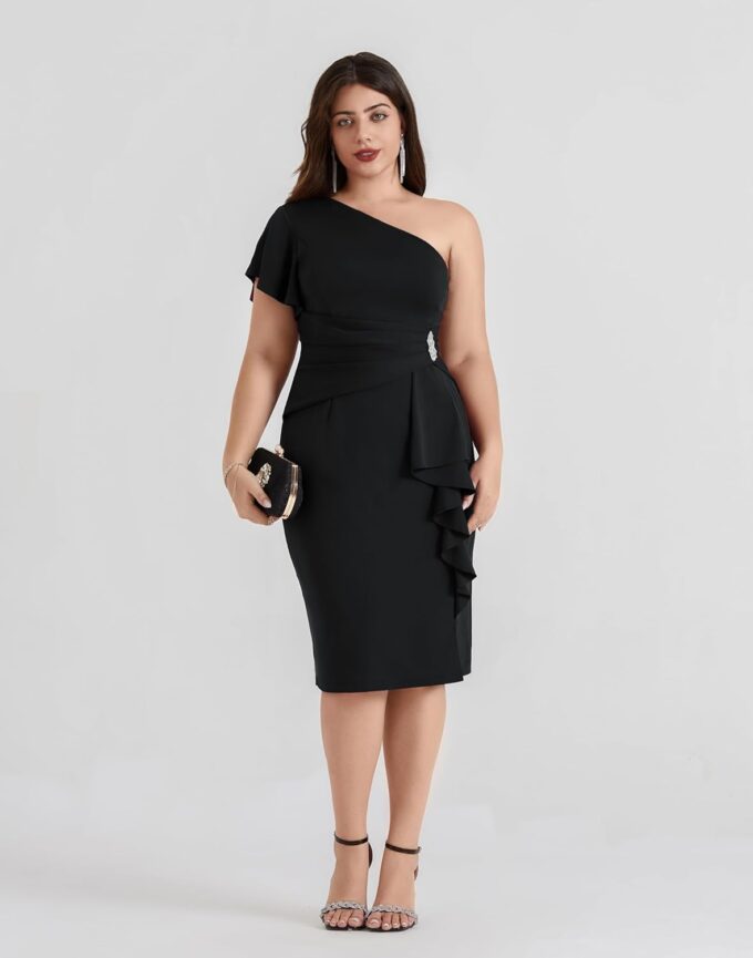 Hanna Nikole Women Plus Size One Shoulder Dress Sexy Ruched Bodycon Cocktail Dress with Rhinestone – Bild 2
