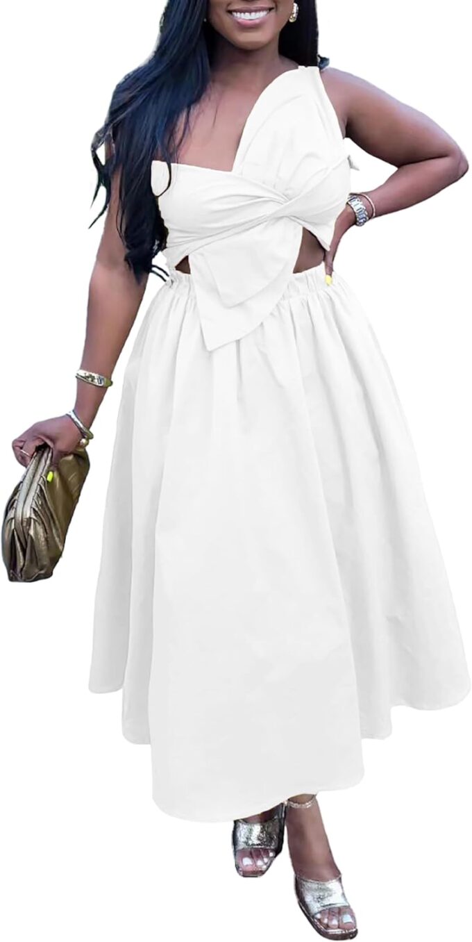 Midi Dresses for Women Casual Summer Sundresses Vacation Outfits Spaghetti Strap Smocked Women Maxi Dress with Pockets
