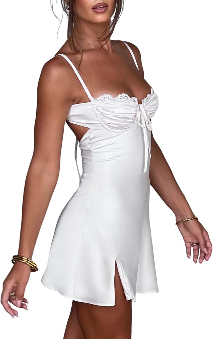 Women Sexy Y2k Satin Bodycon Mini Slip Dress Spaghetti Strap Backless Lace Up Party Cami Summer Dresses – Bild 2
