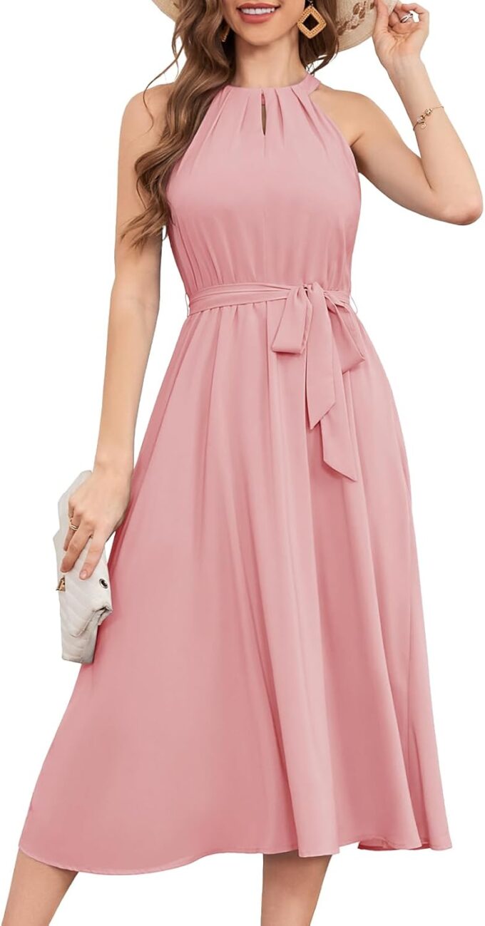 Bbonlinedress Women Halter Chiffon Wedding Bridesmaid Prom Dress Summer Cocktail Formal Beach Party Maxi Flowy Sun Dress