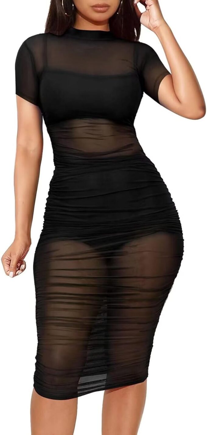 Women See Through Bodycon Dress - Sexy 3 Piece Outfits Cami Top Shorts Ruched Sheer Mesh Midi Party Dress