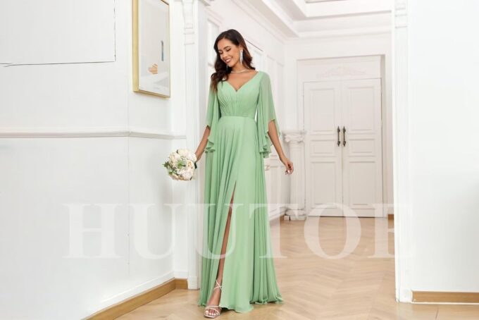 Chiffon Mother of Bride Dresses for Wedding V Neck Bridesmaid Dress with Slit Formal Dresses for Women Wedding Guest – Bild 8