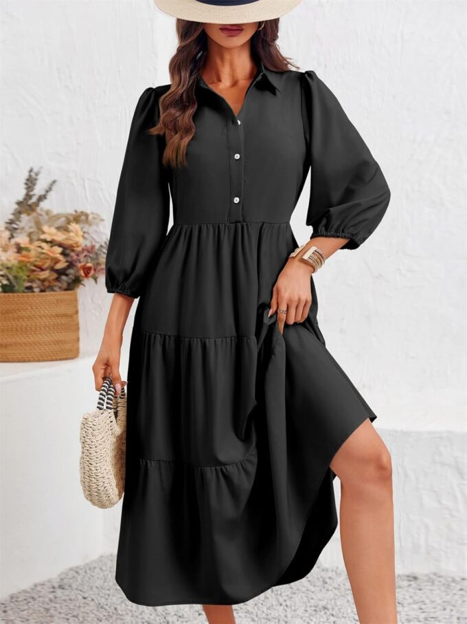 Wenrine Womens Casual 3/4 Sleeve Shirt Dress Button Down V Neck Tiered Collared Flowy Maxi Dress – Bild 3