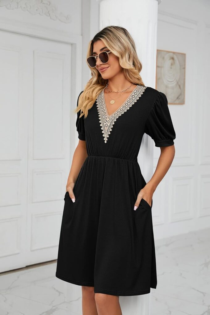 Womens A line V Neck Dress with Pockets Solid Color Short Sleeve Waist Retraction Dress – Bild 2