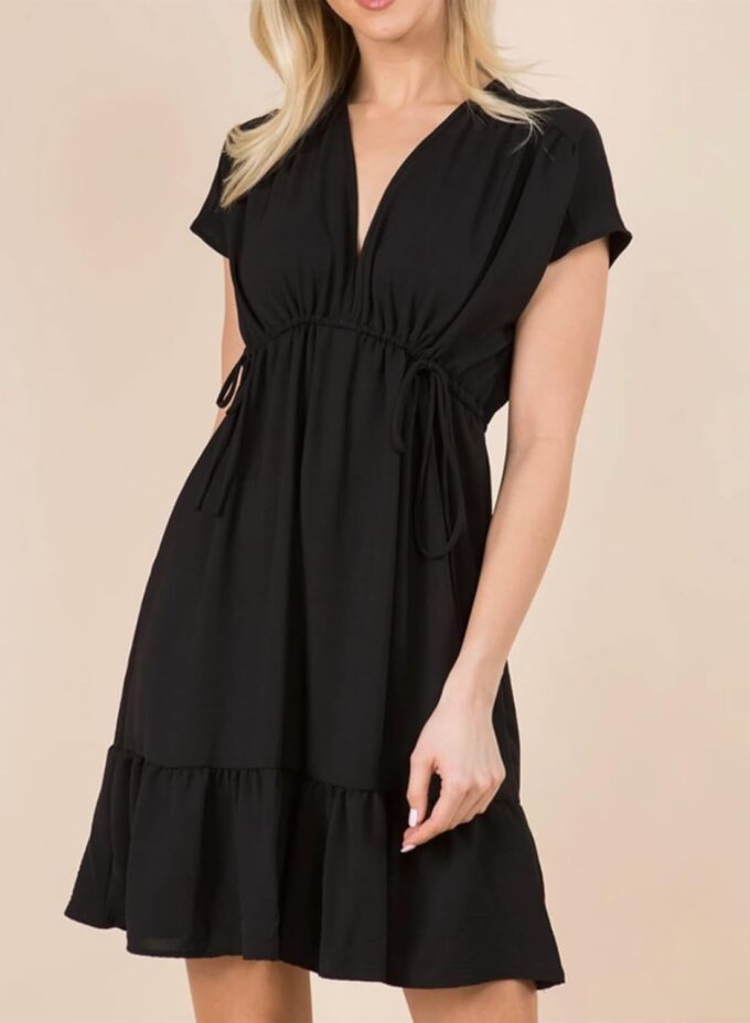 Dokotoo Womens Summer Dresses 2025 Short Sleeve V Neck Empire Waist Drawstring Casual Ruffle A-Line Swing Mini Babydoll Dress – Bild 3