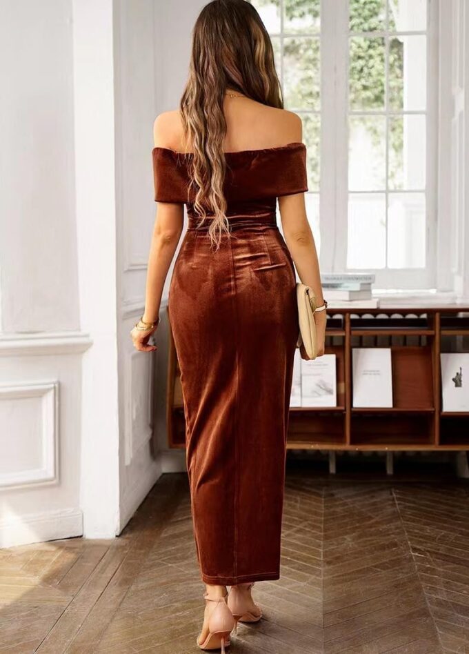 Off The Shoulder Vintage Velvet Bodycon Midi Dress for Women Wrap Slit Elegant Cocktail Party Evening Pencil Dress – Bild 3