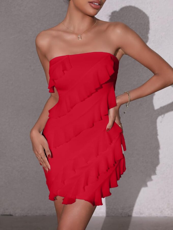 Sexy Cocktail Dresses for Women, Ladies' Sexy Strapless Tube Top Bodycon Sleeveless Ruffle Mini Party Dress – Bild 5
