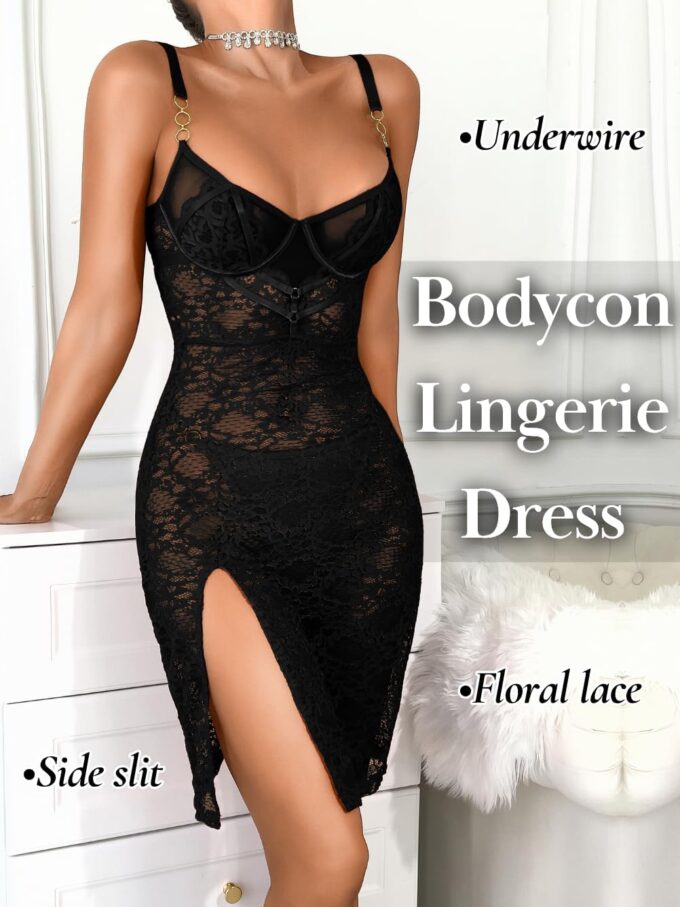 Sheer Lace Floral Lingerie, Sexy Push Up High Slit Backless, Date Night, Short Bodycon Dress for Women Exotic – Bild 2