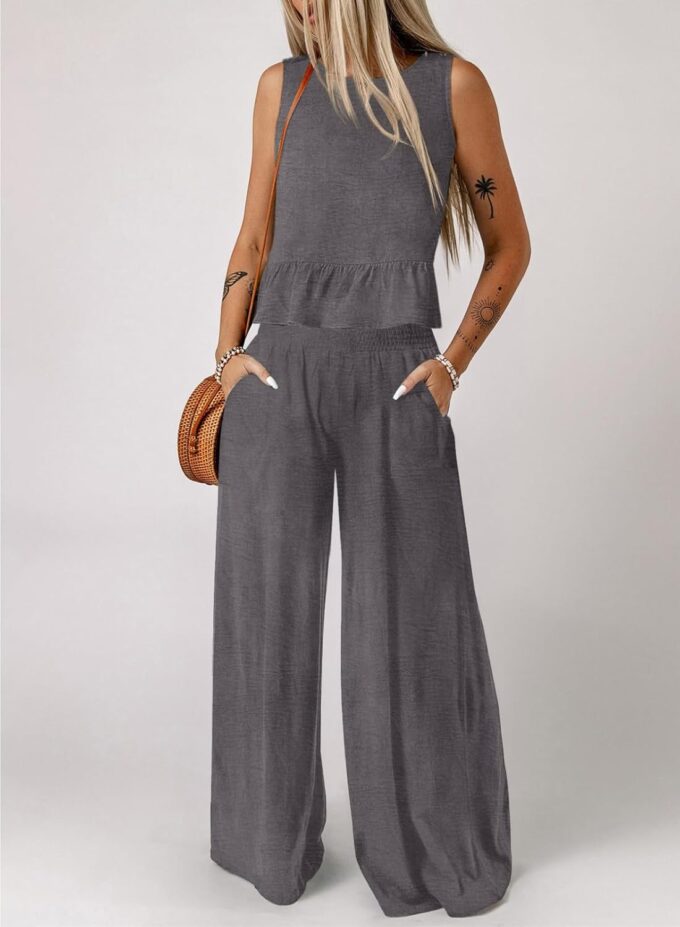 Dokotoo Pants Sets Women 2 Piece Outfits Sleeveless Round Neck Tank Tops Matching Sets for Women Elastic Waist Wide Leg – Bild 2
