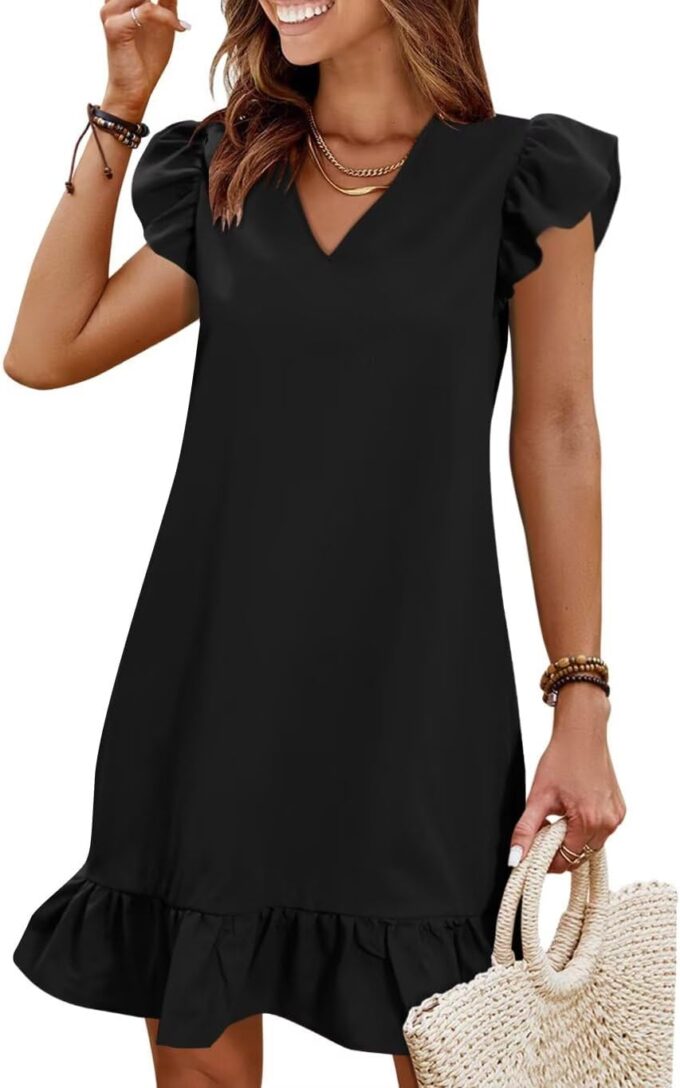JOCAFIYE Summer Dresses for Women 2025 Cute Ruffle Cap Sleeve V-Neck Flowy Swing Mini Dress Sundress
