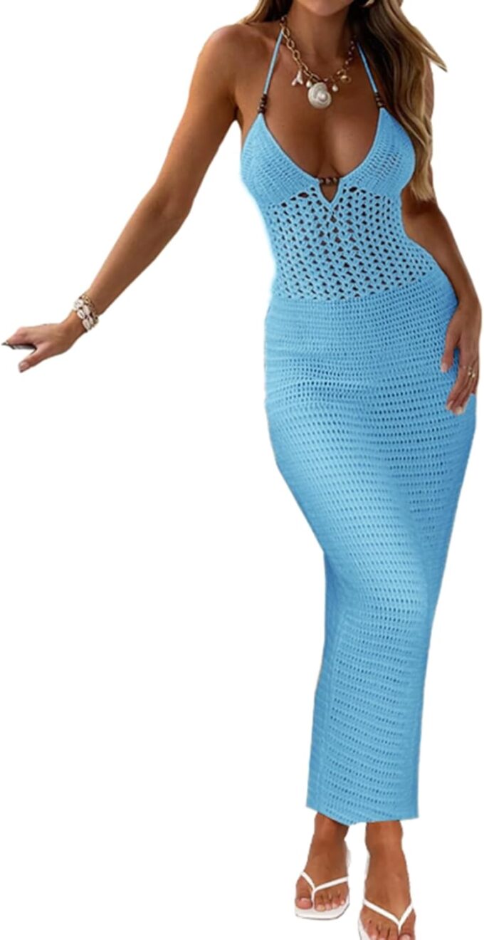 Women Backless Halter Mini Dress Casual Summer Knit Crochet Cutout Tie Back Bodycon Party Dress Beach Cover Up – Bild 2