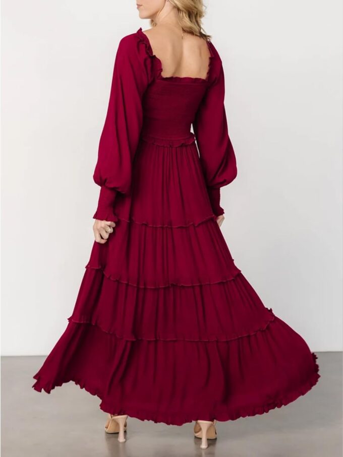 hibshaby Women Elegant Puff Long Sleeve Dress Square Neck Pleated A Line Dress Smocked Empire Waist Swing Flowy Long Dresses – Bild 3