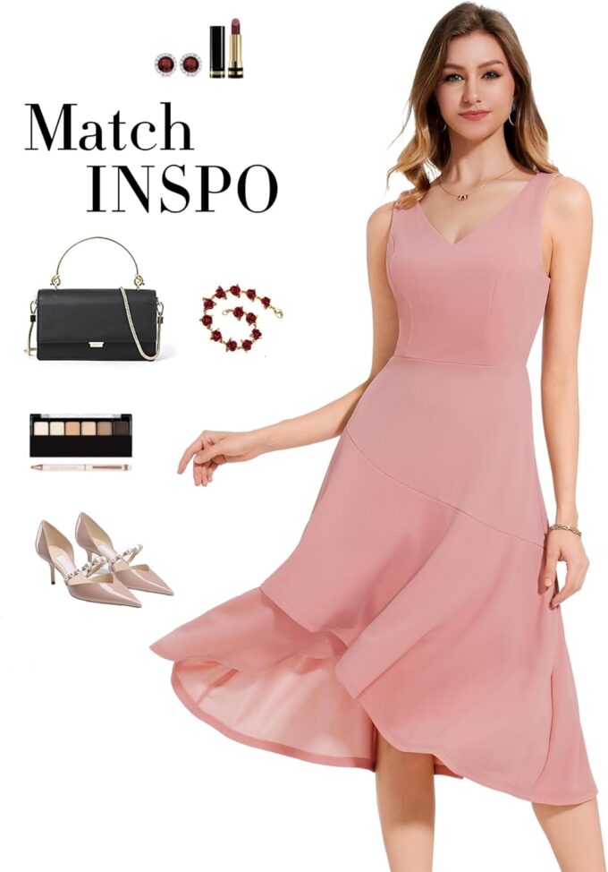 Aupuls Formal Midi Dresses for Women Pink Cocktail Dress Cocktail Dresses for Women Wedding Guest G007 Blush M – Bild 5