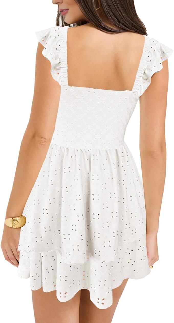 HESUUIO Women's Summer Mini Dress Elegant Backless Hollow Out Eyelets Layered Flowy Swing Short Party Dress Casual Sundress – Bild 2