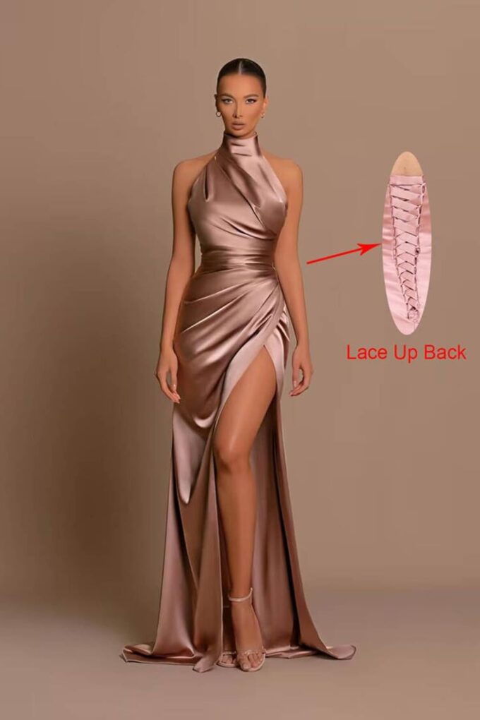 Halter Bridesmaid Dresses Long with Slit Satin Mermaid Prom Dresses for Women Formal Gown Evening Dress – Bild 3