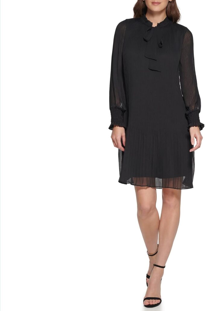 DKNY womens Long Sleeve Tie Neck Dress