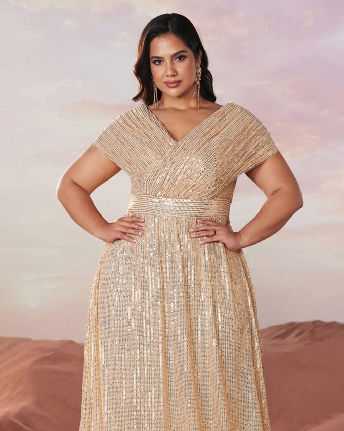 Women's Plus Size V Neck Sequin Formal Maxi Dress A-Line Prom Evening Party Gowns – Bild 6